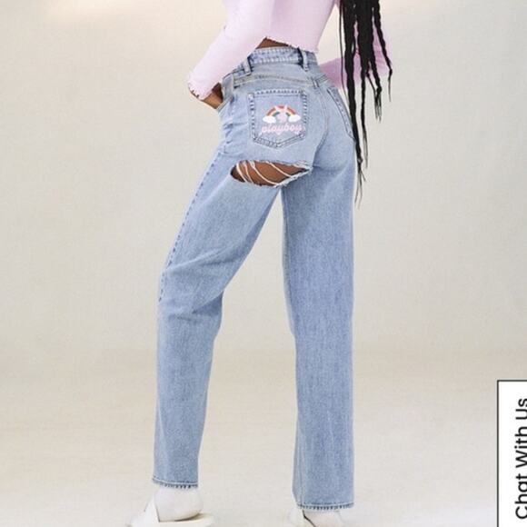 Pacsun Playboy back slash boyfriend jeans high rise painted logo - Picture 2 of 9